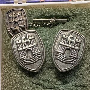 1940s Pewter Castle w Dogs Celtic Vintage Cufflinks and Tie Clip Set